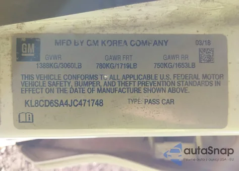 2018 Chevrolet Spark 1Lt Cvt z USA, uszkodzony, nr VIN KL8CD6SA4JC471748